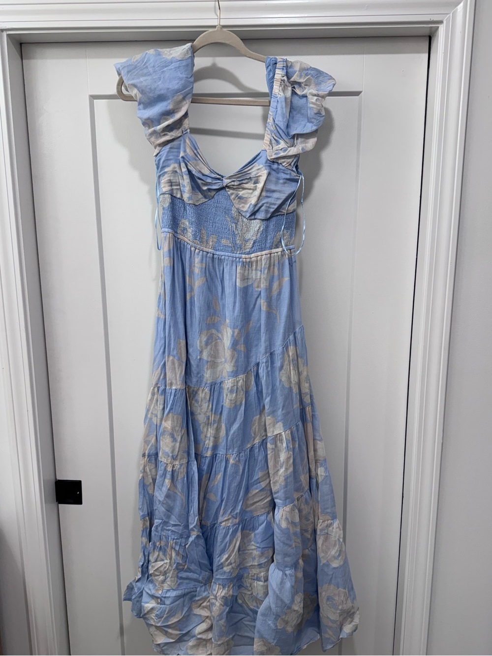 NWT Free People Light Blue Floral Dress with Ruffle Shoulders